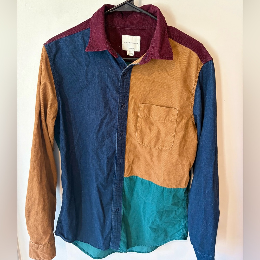 American Eagle Corduroy Button Down Shirt Mens Medium Vintage Style Patchwork